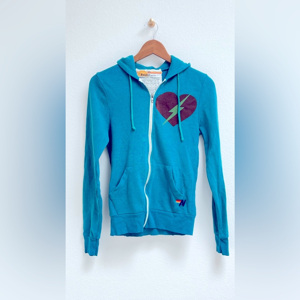 Aviator Nation Zip Up Bolt Heart Hoodie, XS, Teal